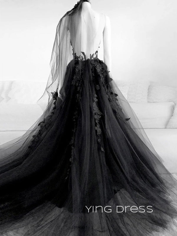 Formal A-line Black Tulle Appliques Long Evening Prom Dresses, Custom V-neck Prom Dresses, YD0085