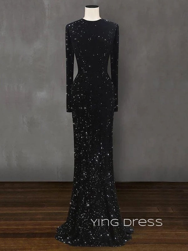 Black Sequins Mermaid Long Sleeves Long Evening Prom Dresses, Custom Sparkly Prom Dresses, YD0086