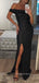 Off Shoulder Black Sequins Mermaid Long Evening Prom Dresses, Custom Side Slit Prom Dresses, YD0087