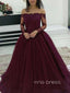 A-line Burgundy Tulle Appliques Long Evening Prom Dresses, Custom Off Shoulder Prom Dresses, YD0088