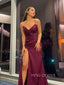 Burgundy Satin V-neck Mermaid Strapless Long Evening Prom Dresses, Custom Prom Dresses, YD0090