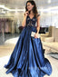 A-line Royal Blue Satin Appliques Long Evening Prom Dresses, Custom V-neck Prom Dresses, YD0091