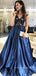 A-line Royal Blue Satin Appliques Long Evening Prom Dresses, Custom V-neck Prom Dresses, YD0091