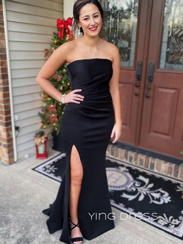 Simple Black Satin Mermaid Strapless Long Evening Prom Dresses, Custom Side Slit Prom Dresses, YD0092