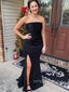 Simple Black Satin Mermaid Strapless Long Evening Prom Dresses, Custom Side Slit Prom Dresses, YD0092