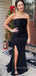 Simple Black Satin Mermaid Strapless Long Evening Prom Dresses, Custom Side Slit Prom Dresses, YD0092