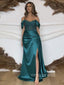 Off Shoulder Satin Beaded Long Evening Prom Dresses, Custom Side Slit Prom Dresses, YD0095