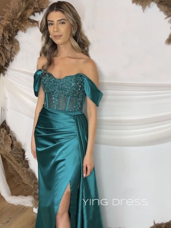 Off Shoulder Satin Beaded Long Evening Prom Dresses, Custom Side Slit Prom Dresses, YD0095