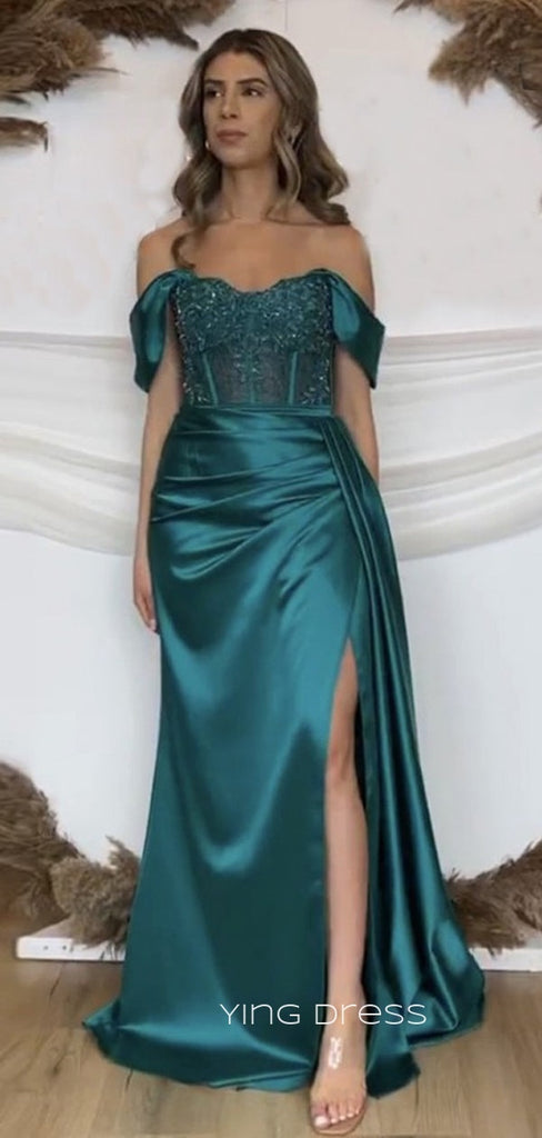 Off Shoulder Satin Beaded Long Evening Prom Dresses, Custom Side Slit Prom Dresses, YD0095