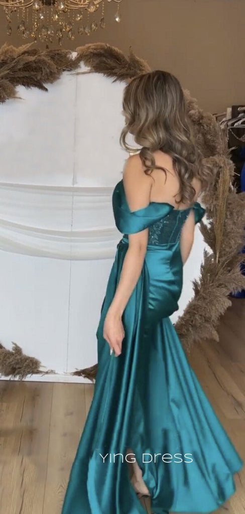 Off Shoulder Satin Beaded Long Evening Prom Dresses, Custom Side Slit Prom Dresses, YD0095