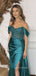 Off Shoulder Satin Beaded Long Evening Prom Dresses, Custom Side Slit Prom Dresses, YD0095