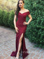 Burgundy Satin Mermaid Side Slit Long Evening Prom Dresses, Custom Off Shoulder Prom Dresses, YD0101