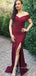 Burgundy Satin Mermaid Side Slit Long Evening Prom Dresses, Custom Off Shoulder Prom Dresses, YD0101