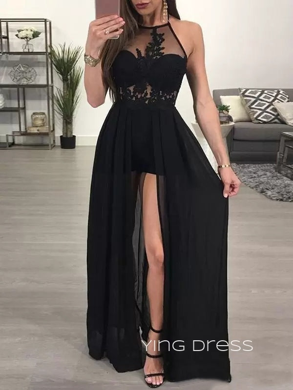 A-line Black Chiffon Appliques Halter Long Evening Prom Dresses, Custom High Slit Prom Dresses, YD0102