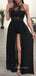 A-line Black Chiffon Appliques Halter Long Evening Prom Dresses, Custom High Slit Prom Dresses, YD0102