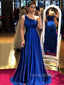 A-line Royal Blue Satin One Shoulder Long Evening Prom Dresses, Custom Prom Dress, YD0105