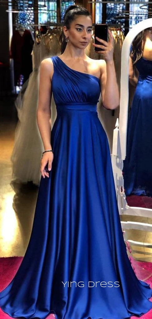 A-line Royal Blue Satin One Shoulder Long Evening Prom Dresses, Custom Prom Dress, YD0105