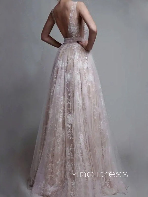 Sexy Deep V-neck Tulle Lace Long Evening Prom Dresses, Custom A-line Prom Dress, YD0106