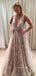 Sexy Deep V-neck Tulle Lace Long Evening Prom Dresses, Custom A-line Prom Dress, YD0106