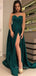 Dark Green Satin Sweetheart A-line Long Evening Prom Dresses, Custom High Slit Prom Dress, YD0107