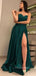 Dark Green Satin Sweetheart A-line Long Evening Prom Dresses, Custom High Slit Prom Dress, YD0107