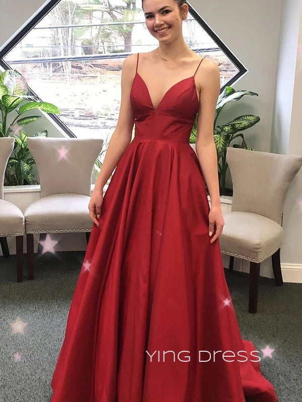 Spaghetti Straps A-line Satin Long Evening Prom Dresses, Custom V-neck Prom Dress, YD0108