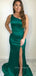 Emerald Satin One Shoulder Mermaid Long Evening Prom Dresses, Custom Side Slit Prom Dress, YD0109