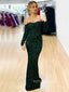 Dark Green Sequins Mermaid Long Evening Prom Dresses, Custom Off Shoulder Long Sleeves Prom Dress, YD0110