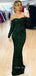 Dark Green Sequins Mermaid Long Evening Prom Dresses, Custom Off Shoulder Long Sleeves Prom Dress, YD0110