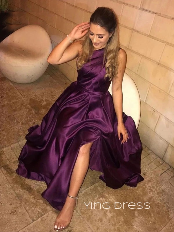 A-line Satin One Shoulder Long Evening Prom Dresses, Custom High Slit Prom Dress, YD0112