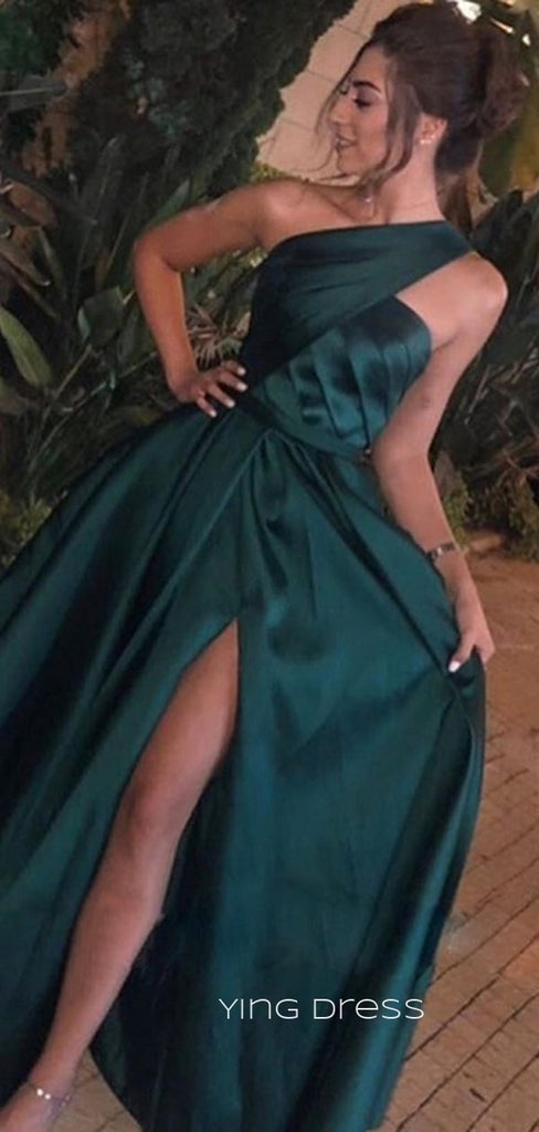 A-line Satin One Shoulder Long Evening Prom Dresses, Custom High Slit Prom Dress, YD0112