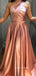 A-line Satin One Shoulder Long Evening Prom Dresses, Custom High Slit Prom Dress, YD0112