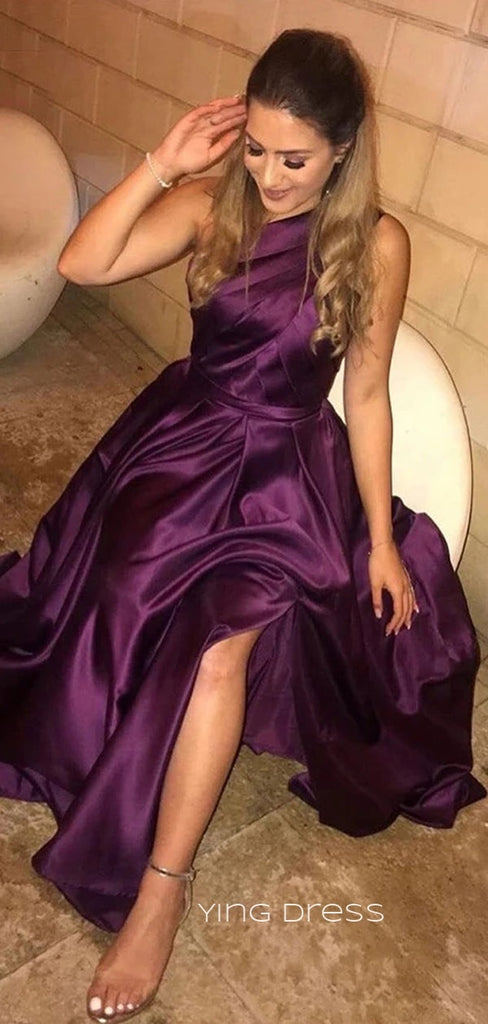 A-line Satin One Shoulder Long Evening Prom Dresses, Custom High Slit Prom Dress, YD0112