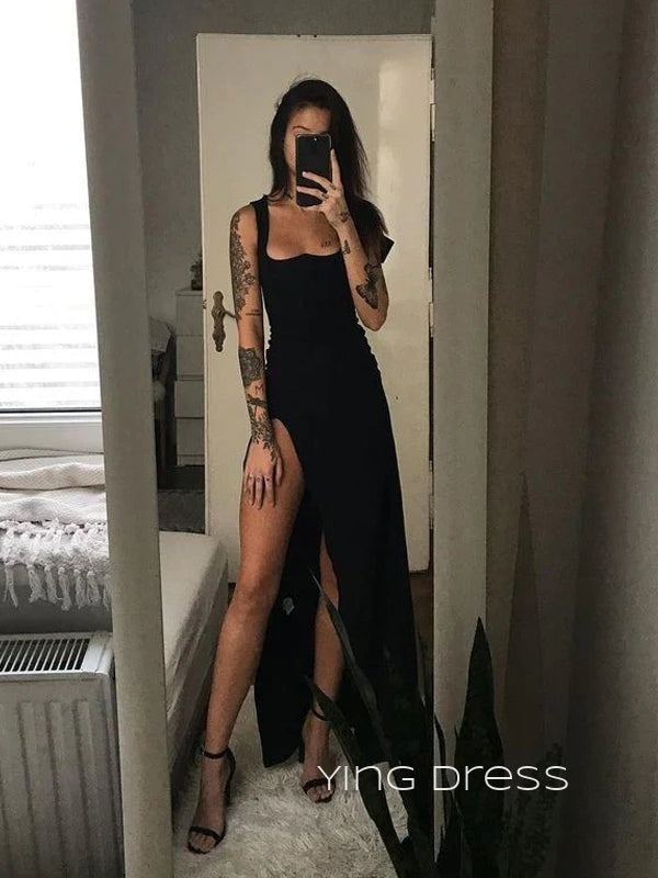 Sexy High Slit Mermaid Straps Black Long Evening Prom Dresses, Custom Prom Dress, YD0115