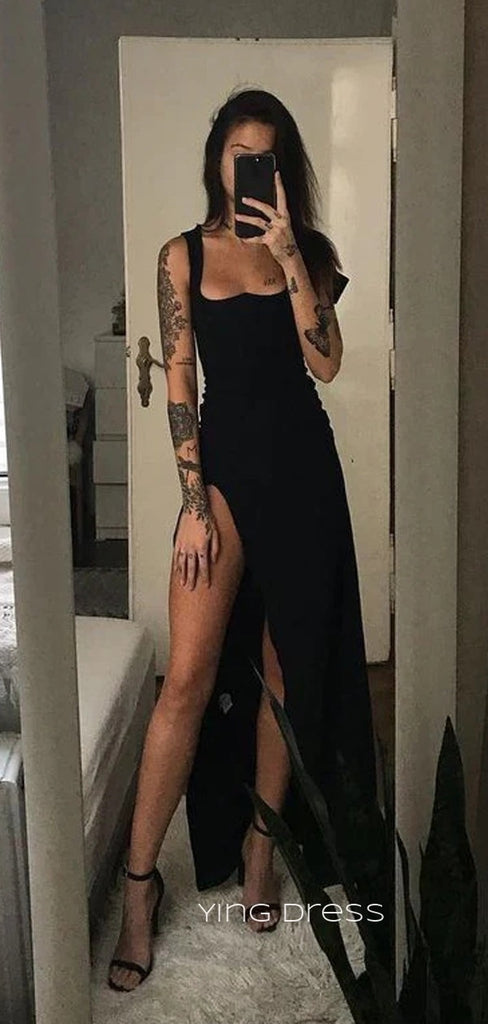 Sexy High Slit Mermaid Straps Black Long Evening Prom Dresses, Custom Prom Dress, YD0115