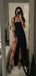 Sexy High Slit Mermaid Straps Black Long Evening Prom Dresses, Custom Prom Dress, YD0115