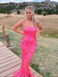 Popular Hot Pink Sequins Mermaid Side Slit Long Evening Prom Dresses, Custom Spaghetti Straps Prom Dress, YD0118