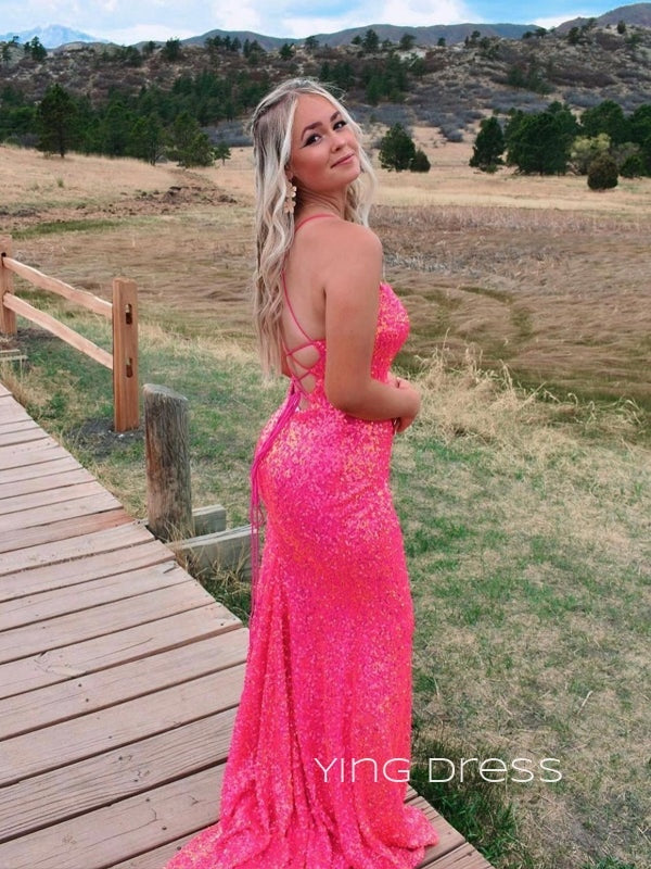 Popular Hot Pink Sequins Mermaid Side Slit Long Evening Prom Dresses, Custom Spaghetti Straps Prom Dress, YD0118