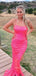 Popular Hot Pink Sequins Mermaid Side Slit Long Evening Prom Dresses, Custom Spaghetti Straps Prom Dress, YD0118