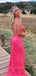 Popular Hot Pink Sequins Mermaid Side Slit Long Evening Prom Dresses, Custom Spaghetti Straps Prom Dress, YD0118