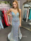 Gorgeous Sequins Mermaid V-neck Long Evening Prom Dresses, Custom Spaghetti Straps Prom Dress, YD0119