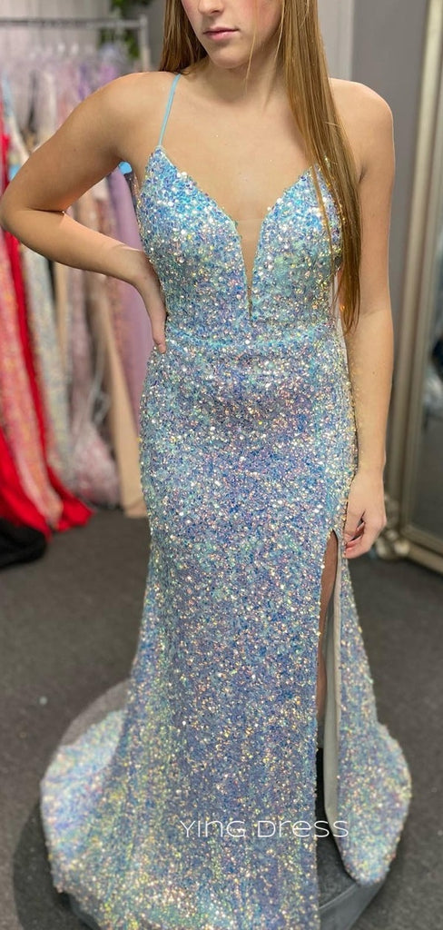 Gorgeous Sequins Mermaid V-neck Long Evening Prom Dresses, Custom Spaghetti Straps Prom Dress, YD0119