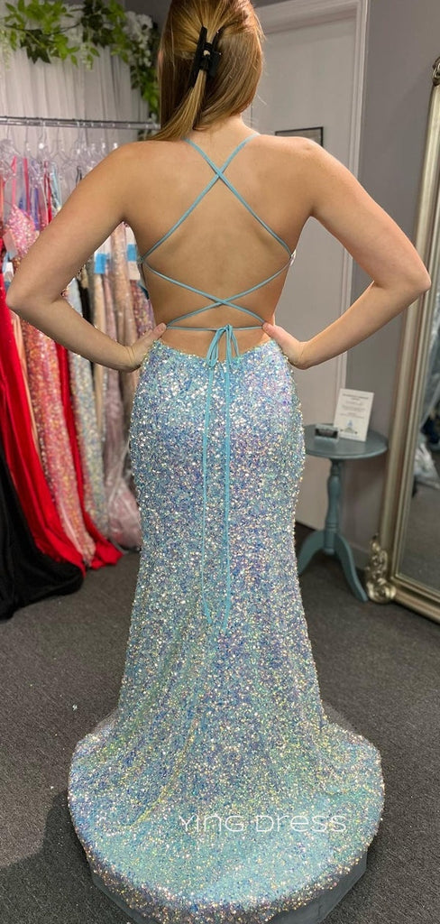 Gorgeous Sequins Mermaid V-neck Long Evening Prom Dresses, Custom Spaghetti Straps Prom Dress, YD0119