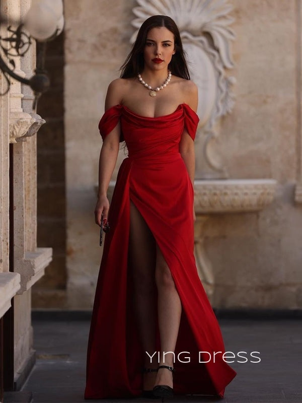 Morden Red Satin Off Shoulder High Slit Long Evening Prom Dresses, Custom Prom Dress, YD0120