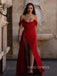 Morden Red Satin Off Shoulder High Slit Long Evening Prom Dresses, Custom Prom Dress, YD0120