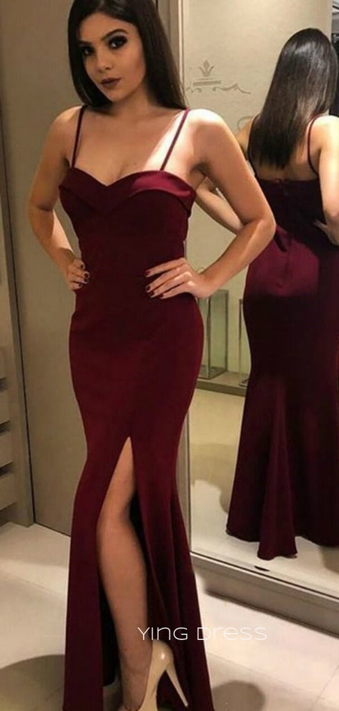 Sweetheart Mermaid Burgundy Side Slit Long Evening Prom Dresses, Custom Spaghetti Straps Prom Dress, YD0124