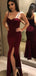 Sweetheart Mermaid Burgundy Side Slit Long Evening Prom Dresses, Custom Spaghetti Straps Prom Dress, YD0124