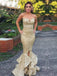 Gold Sequins Mermaid Strapless Long Evening Prom Dresses, Custom Side Slit Prom Dress, YD0128