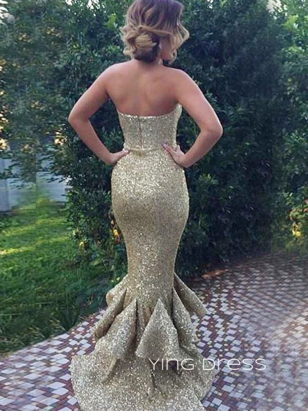 Gold Sequins Mermaid Strapless Long Evening Prom Dresses, Custom Side Slit Prom Dress, YD0128