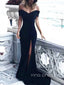 Formal Black Mermaid Off Shoulder Long Evening Prom Dresses, Custom Side Slit Prom Dress, YD0129